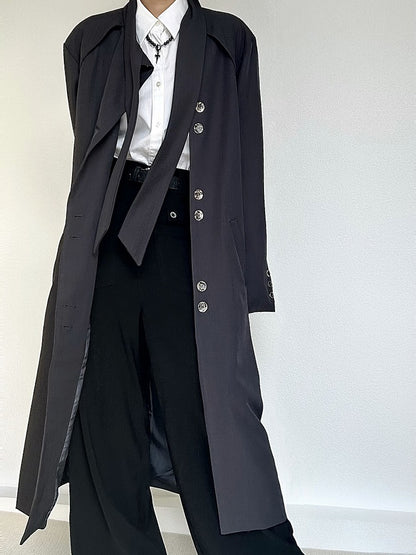 Ouji Lolita Gray Vintage Long Trench Coat with Button Cuffs & Tie Neck