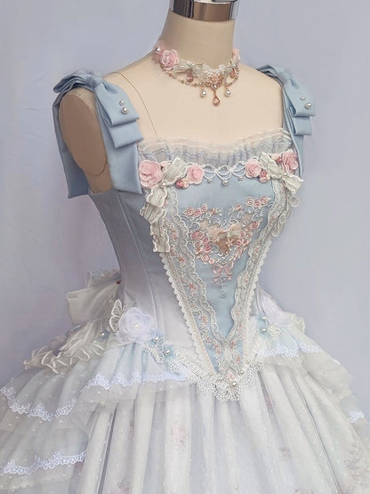 Blue Rosette Embroidery Boned Corset Top Floral and Bead Details