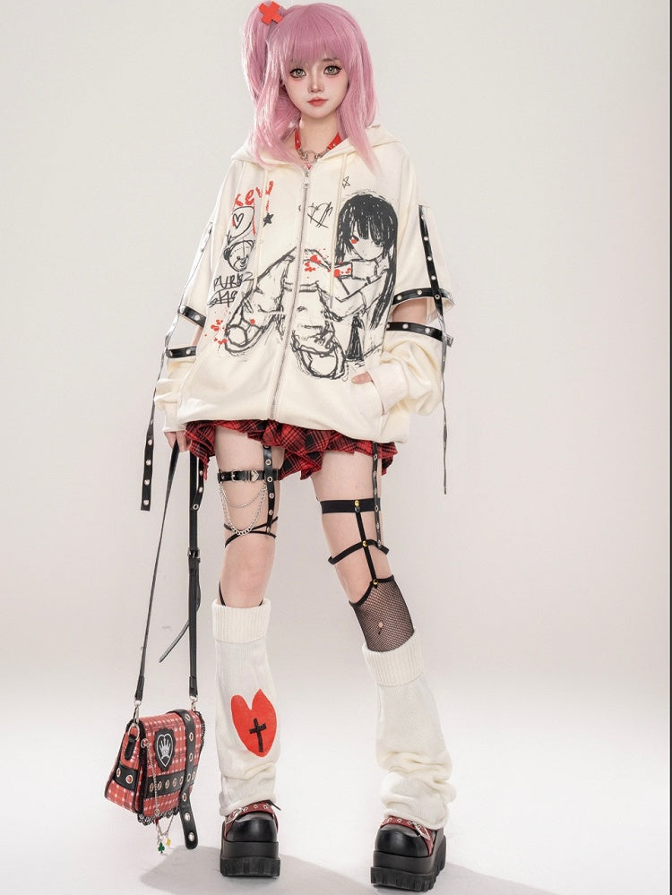 Punk Black/Beige Comic Girl Print Cutout Sleeves Zip Hoodie