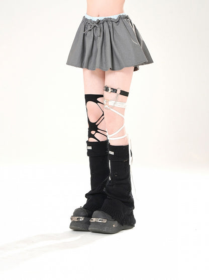 Gray and Blue Double Elastic Waistband Mini Skirt