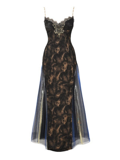 Black and Gold V-neck Slimming Slip Dress