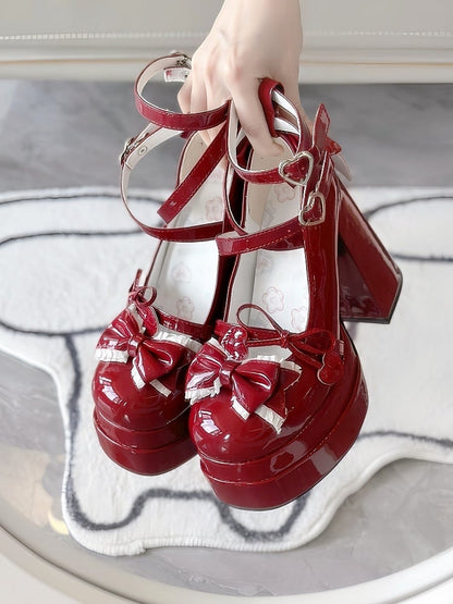 Wine Red Lace Trim Bow at Top Heart Buckles Crisscross Design Platform High Block Heels