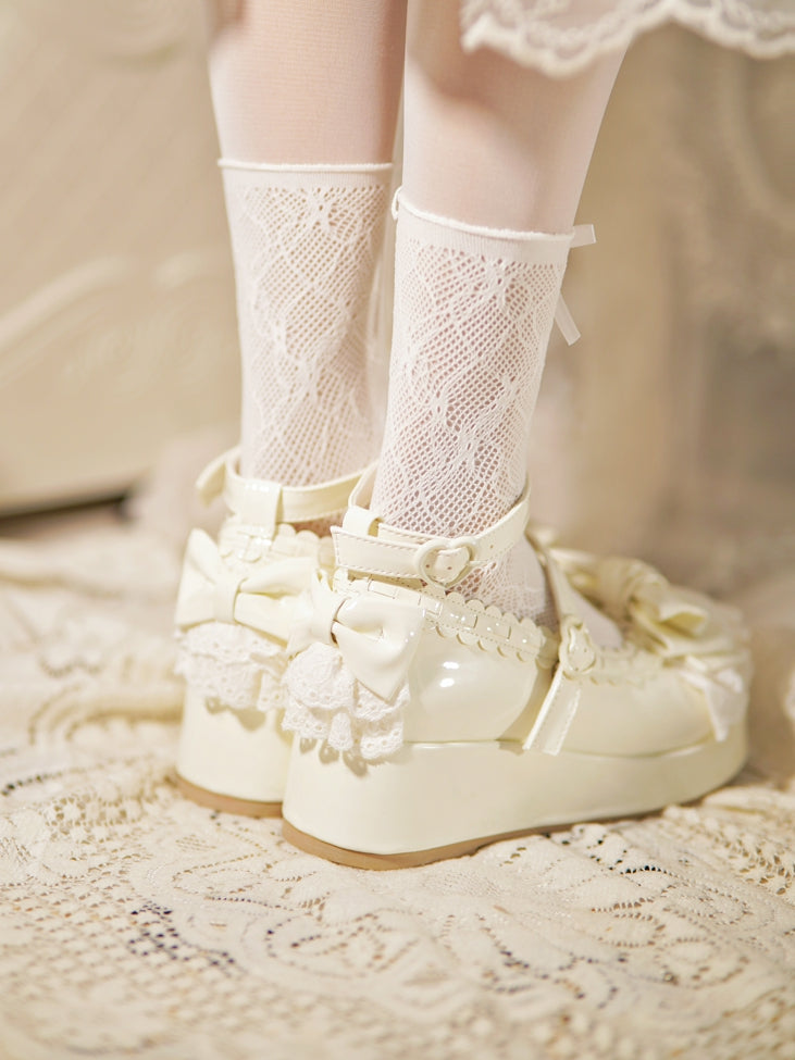 Milky White Bow at Top Lace Trim Heart Buckles Platforms