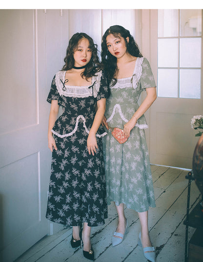 Blackberry and Laurel Vintage Lace Square Neckline SHort Sleeves Long Dress