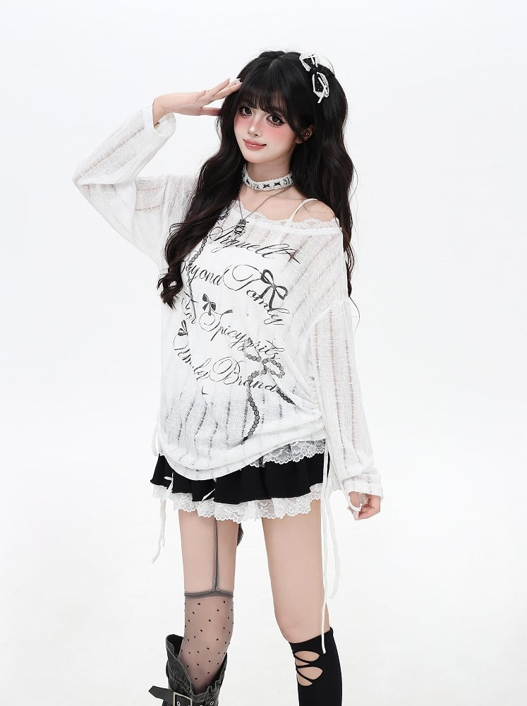 Black/White Asymmetrical Neckline Bow Print Distressed Holes Coverup