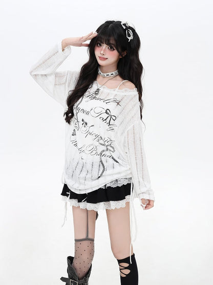 Black/White Asymmetrical Neckline Bow Print Distressed Holes Coverup