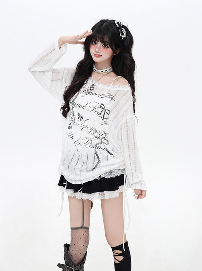 Black/White Asymmetrical Neckline Bow Print Distressed Holes Coverup