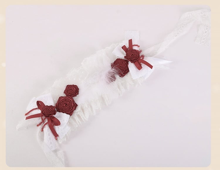 Feather Decorated White Gothic Bowknots Hairband with Red Rosettes and Beads