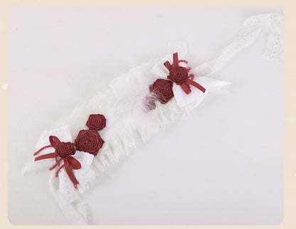 Feather Decorated White Gothic Bowknots Hairband with Red Rosettes and Beads