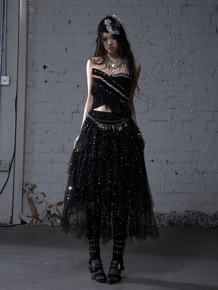 Baroque Bead Details Fringe Hem Black/White Crossover Design Strapless Top