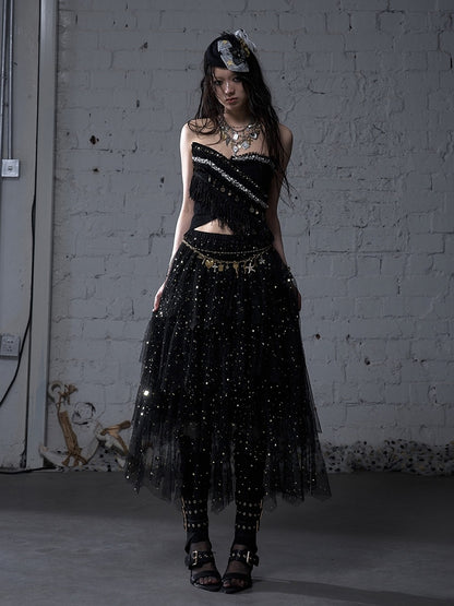 Baroque Bead Details Fringe Hem Black/White Crossover Design Strapless Top