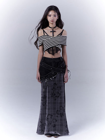 Black and White Off-the-shoulder Neckline Studded Striped Strapless Top