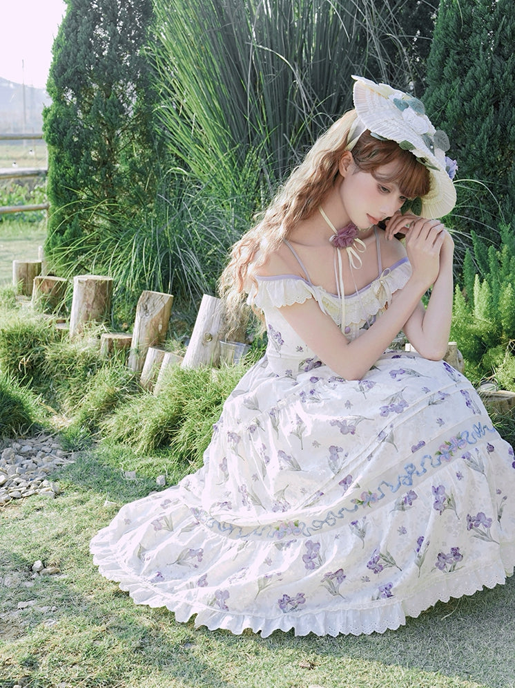 Purple Iris Embroidery Beige Off-the-shoulder Neckline Jumper Skirt