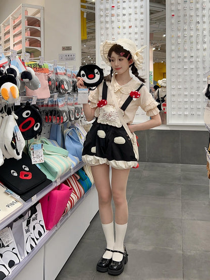 Fleece White Spot Applique Black Sweet Lolita Mushroom Bubble Short with Detachable Straps