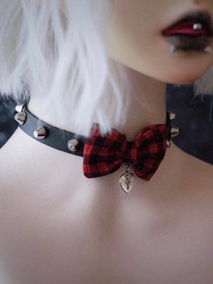 Black And Red Plaid Pattern Bowknot With Heart Pendant Choker