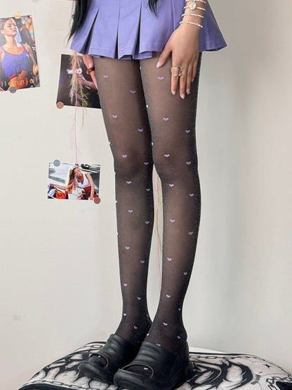 Black&Purple/Gray&Pink Heart Pattern Tights