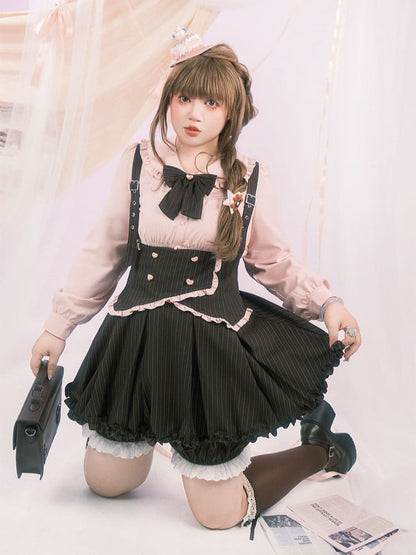 Plus Size Black Striped Ruffled Trim Set: Overall Skirt with Adjustable Straps & Elastic Waist Bloomers