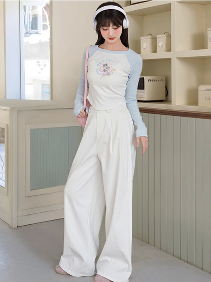 Cartoon Kitty Embroidery Blue and White Colorblock Design Top