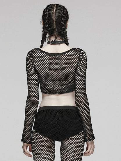 Black Punk Tie-dyed Mesh Long Sleeve T-shirt
