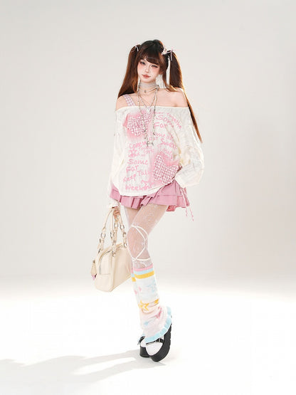 Pink Plaid Butterfly Appliques Black/White Off-the-shoulder Distressed Holes Coverup