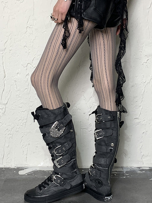 Gray Striped Pattern Hollow-out Design Y2K Tights