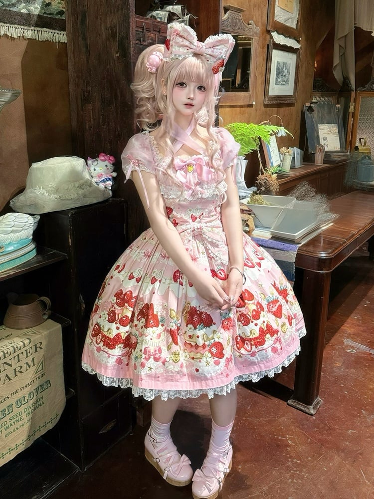 Strawberry Cake Print Pink Sweet Lolita Short Sleeves Dress
