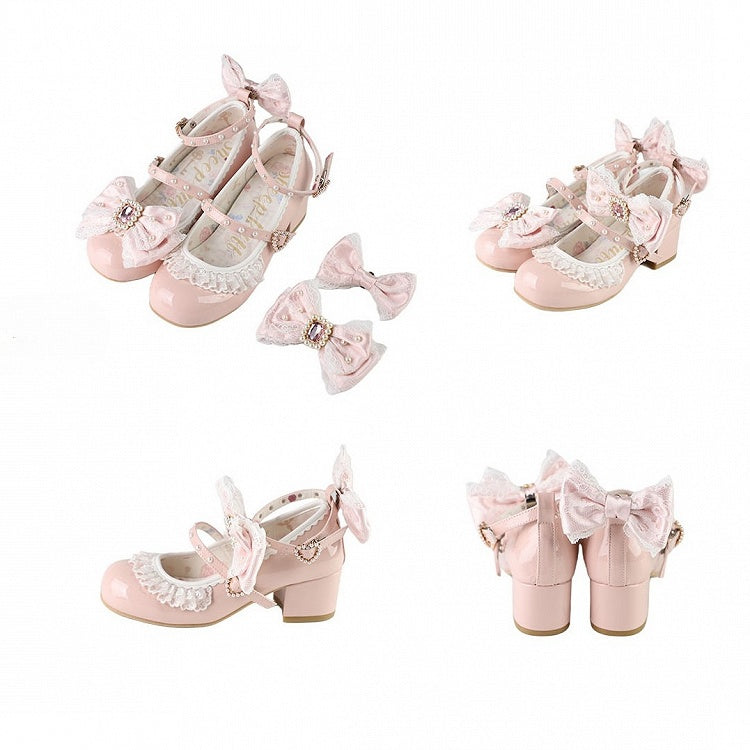 Polished Dusty Pink Detachable Rhinestone And Beaded Decorated Bowknot Lace Trim 4.5CM Block Heels Shoes