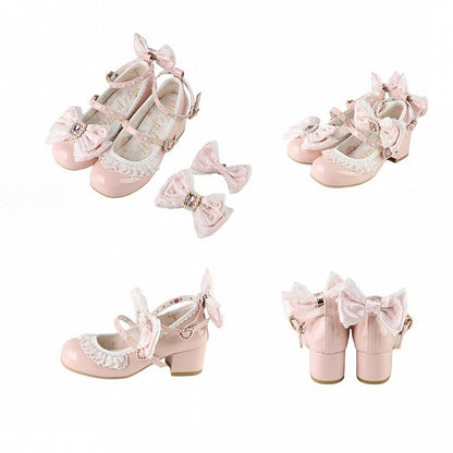 Polished Dusty Pink Detachable Rhinestone And Beaded Decorated Bowknot Lace Trim 4.5CM Block Heels Shoes