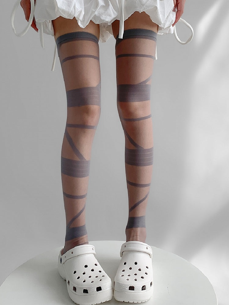 Gray/White/Black/Beige Y2K Crisscorss Banded Over-knee Stockings