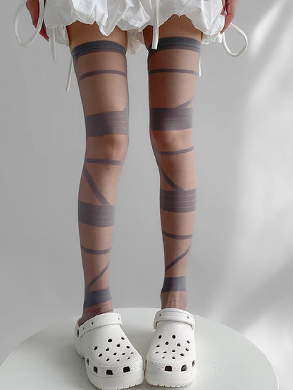 Gray/White/Black/Beige Y2K Crisscorss Banded Over-knee Stockings
