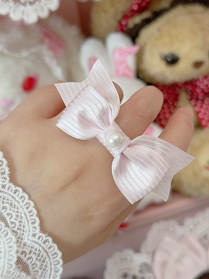 Pink Beaded Decorated Striped Pattern Bowknot Ring