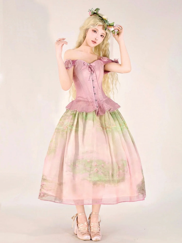 Pink Flounce Hem Boned Corset Top with Detachable Floral Adornments