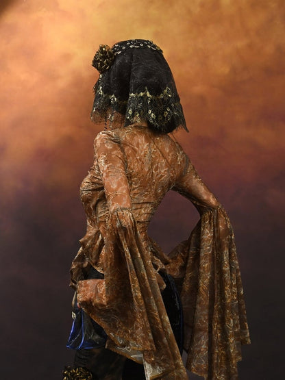 Gold V-neck Wide Flounce Sleeves Top with Removable Bead Chain on Neckline