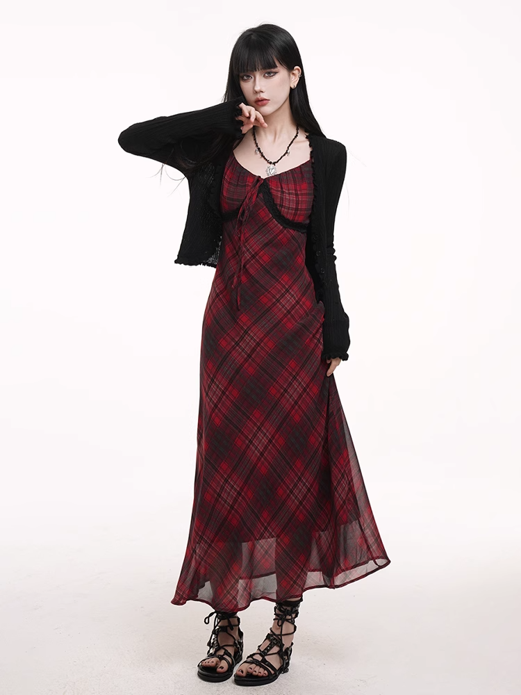 Red & Black Plaid V-neck Self-tie Strap Neckline Cami Dress