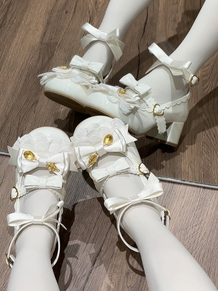 White Spoon Decorated Bowknot Details Sweet Lolita High Block Heels