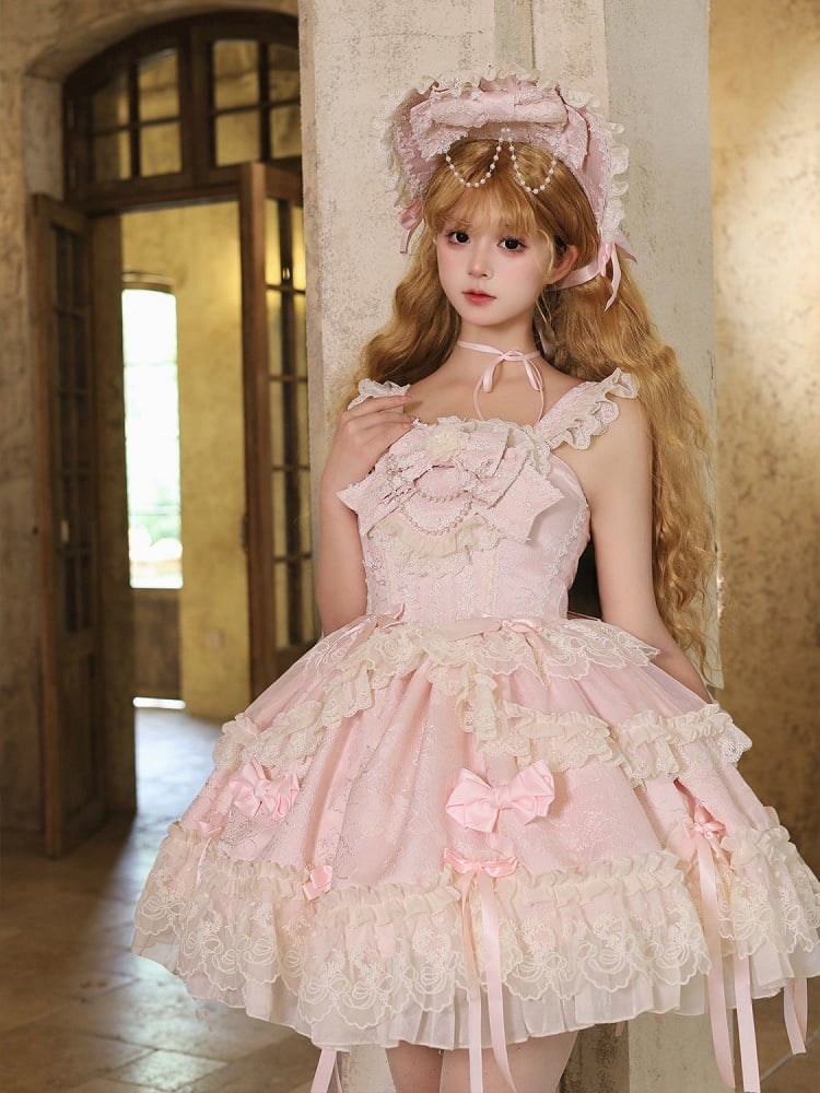 Pink Jacquard Fabric Sweet Bow Accents Dress Lolita Jumper Skirt