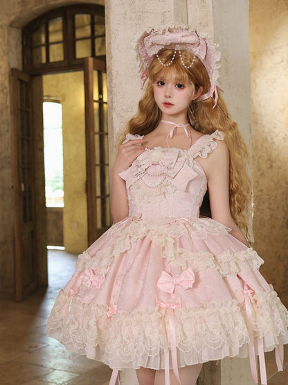 Pink Jacquard Fabric Sweet Bow Accents Dress Lolita Jumper Skirt