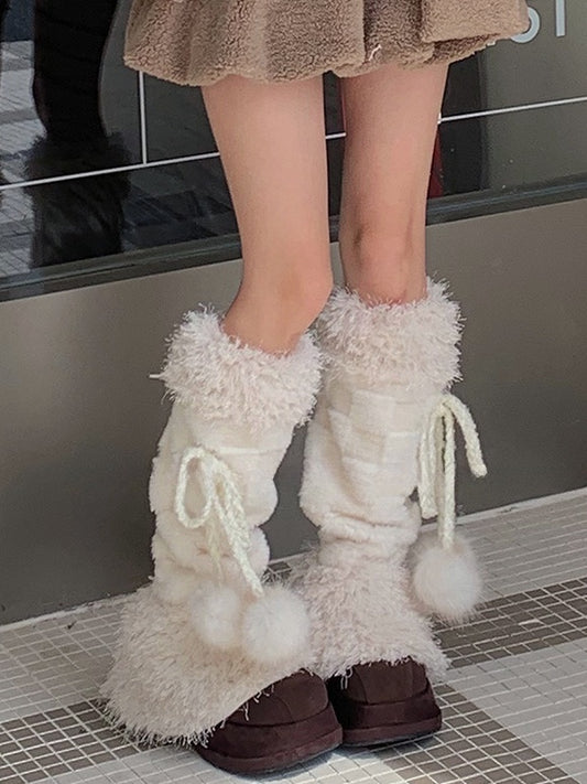 Off-white Sweet Checked Plush Leg Warmers With Pompons
