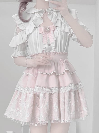 White Peter Pan Collar Cutout Shoulder Blouse+ Pink Tiered Skirt+ Bowknot Jirai Kei Set