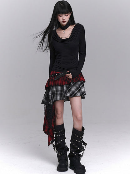 Red & Black Mesh Patchwork Asymmetrical Plaid Skirt with PU Buckle Belt