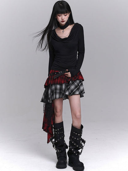Red & Black Mesh Patchwork Asymmetrical Plaid Skirt with PU Buckle Belt