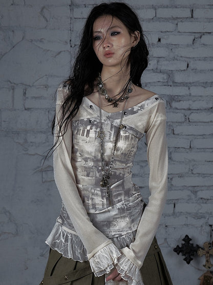 Black&Gray/Beige Wasteland Punk Star And Studs Decorated Lace Trim T-shirt