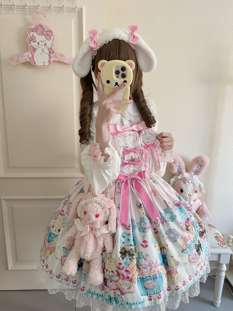 Teddy and Ice Cream Print White Sweet Lolita Jumper Skirt