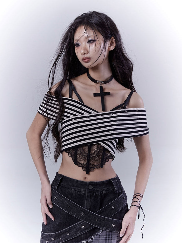 Black and White Off-the-shoulder Neckline Studded Striped Strapless Top