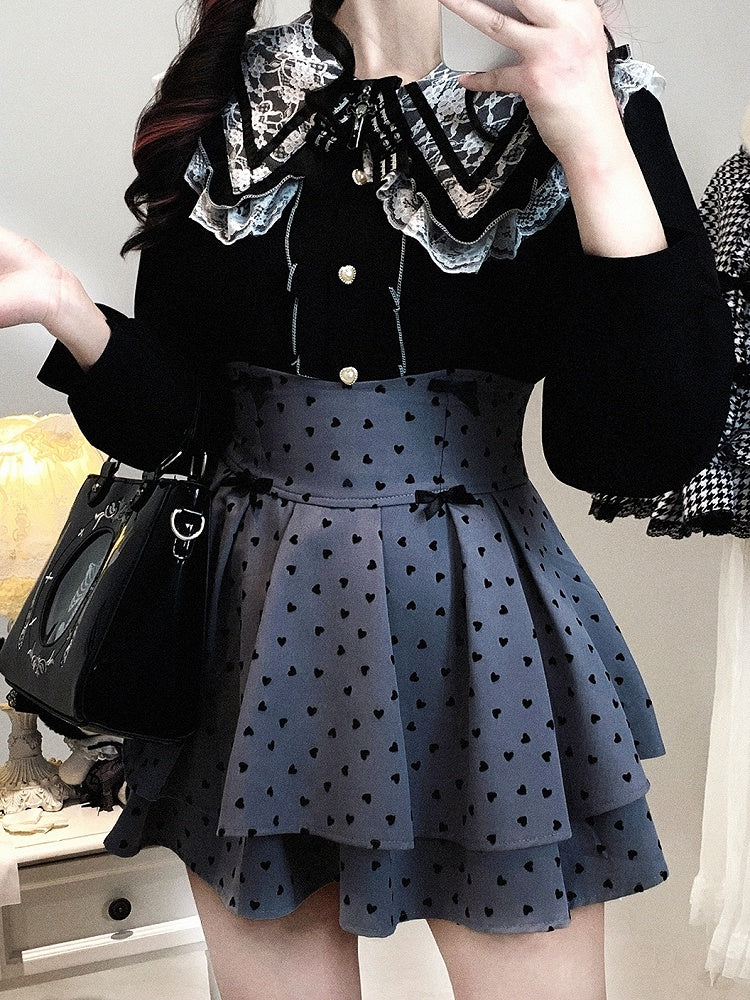 Dark Sweetness Tiered Skirt: Jirai Kei High Waist with Heart Polka Dot Pattern