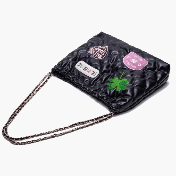 Chic Black Diamond Quilted Drawstring Shoulder Bag With Clover And Letter Embroidery
