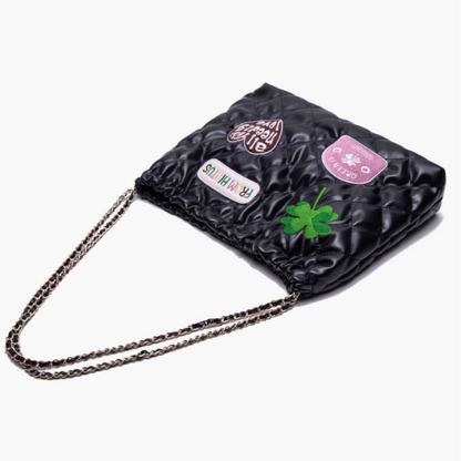 Chic Black Diamond Quilted Drawstring Shoulder Bag With Clover And Letter Embroidery