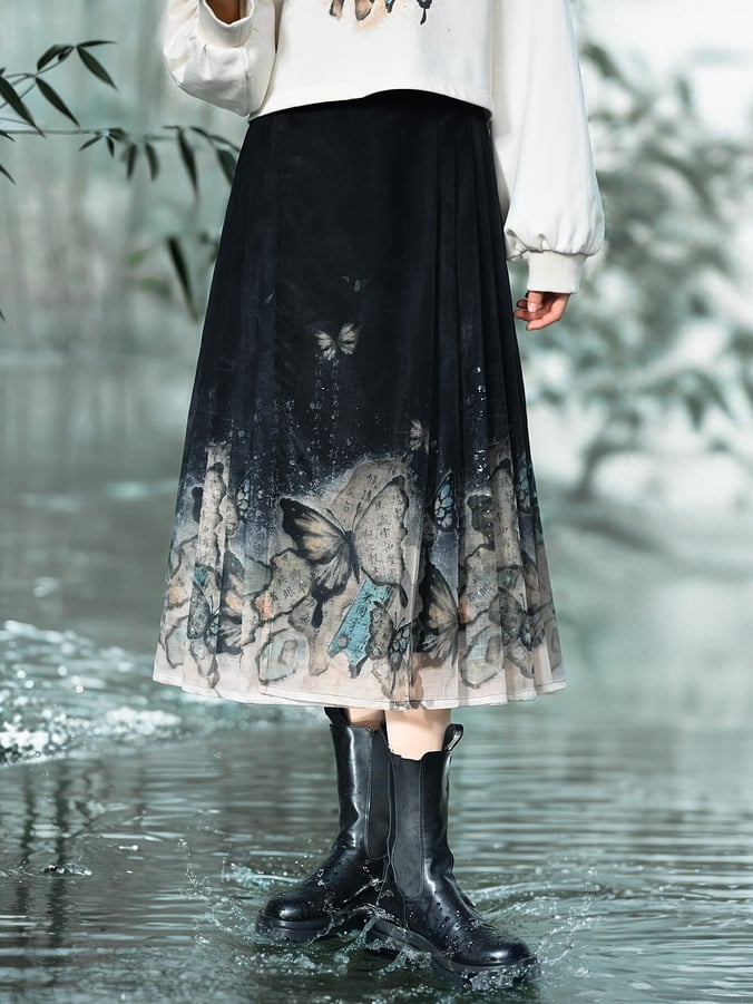 Cheongsam Style Butterfly Print Black Horse-Face Pleated Skirt Long/Short Version