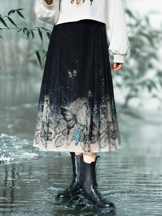 Cheongsam Style Butterfly Print Black Horse-Face Pleated Skirt Long/Short Version