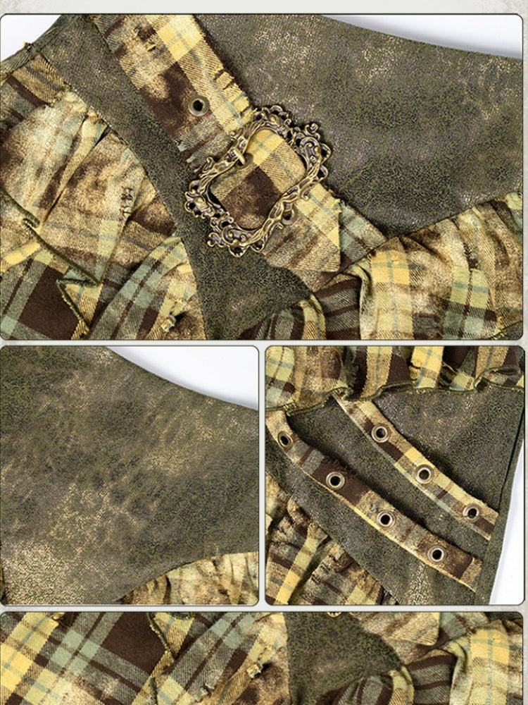 Forest Green Plaid Pattern Handkerchief Hem Skirt